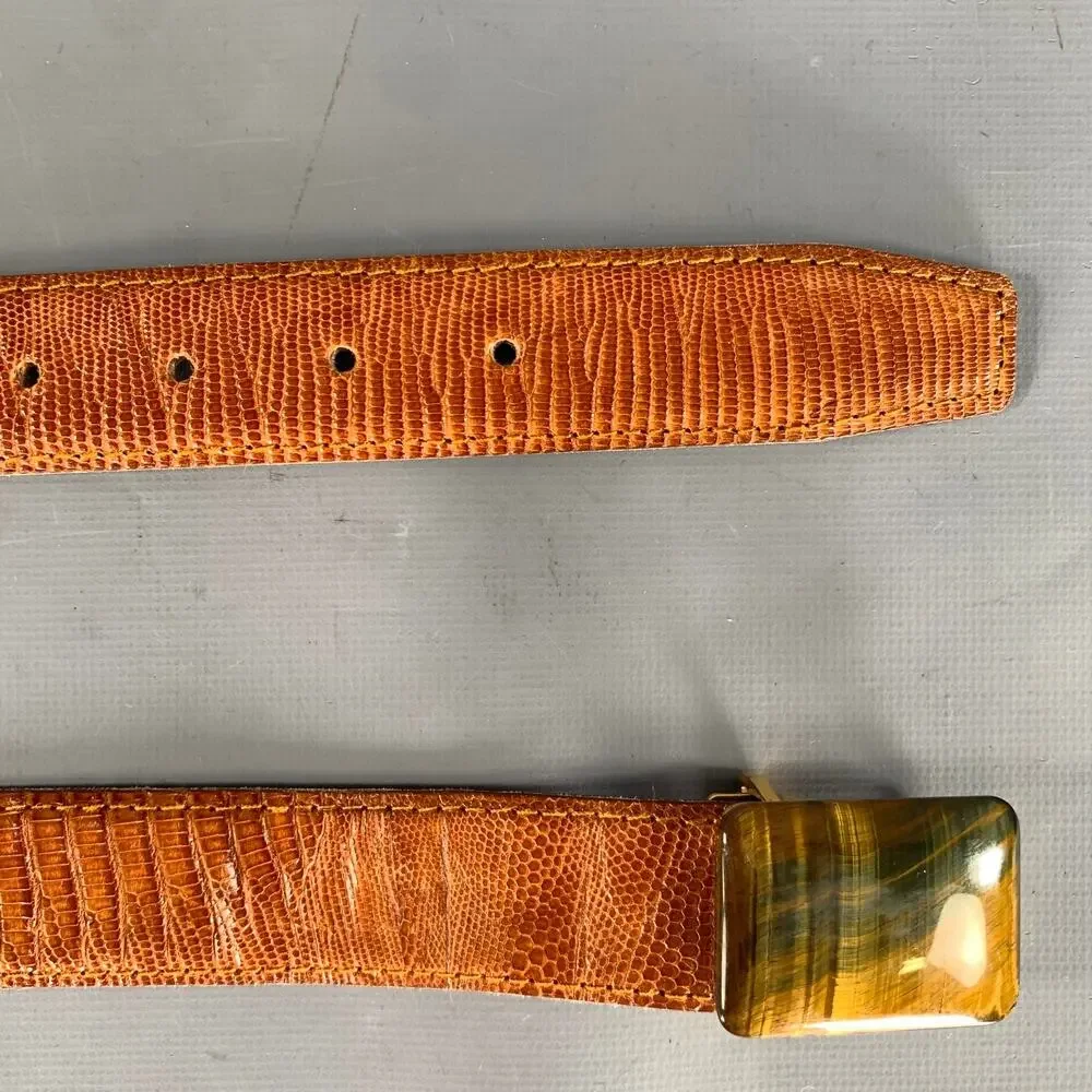 VINTAGE Size 33 Brown Gold Lizard Leather Belt